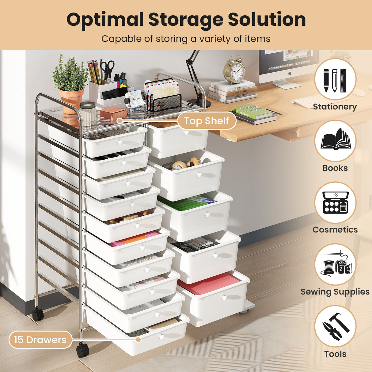 Rolling Storage Cart 15-Drawer Trolley with Chrome Plated Metal Frame-White