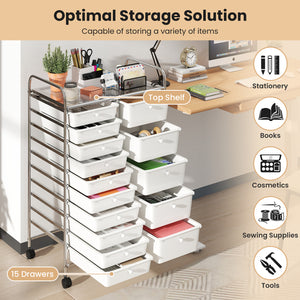 Rolling Storage Cart 15-Drawer Trolley with Chrome Plated Metal Frame-White