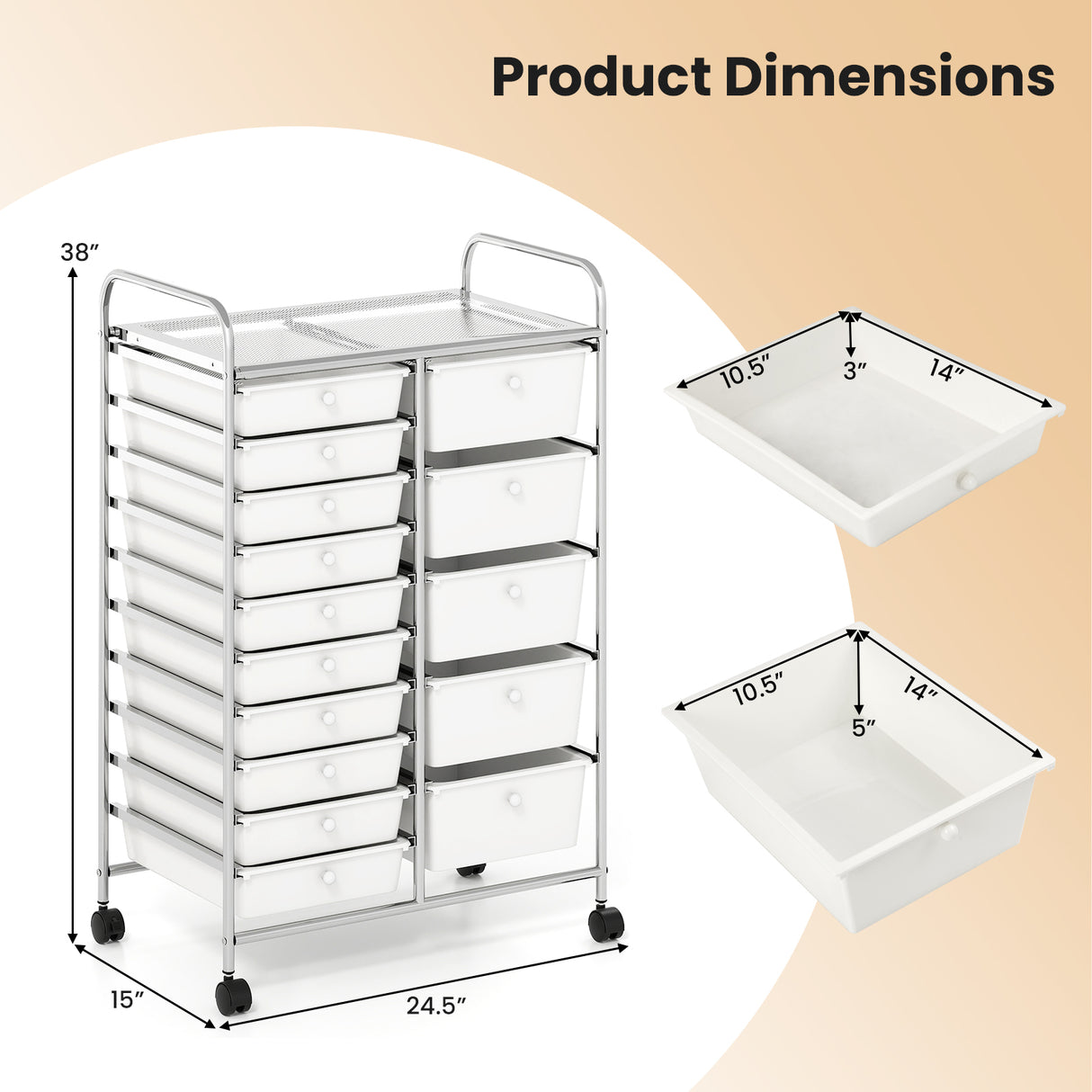 Rolling Storage Cart 15-Drawer Trolley with Chrome Plated Metal Frame-White