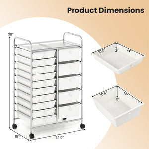 Rolling Storage Cart 15-Drawer Trolley with Chrome Plated Metal Frame-White