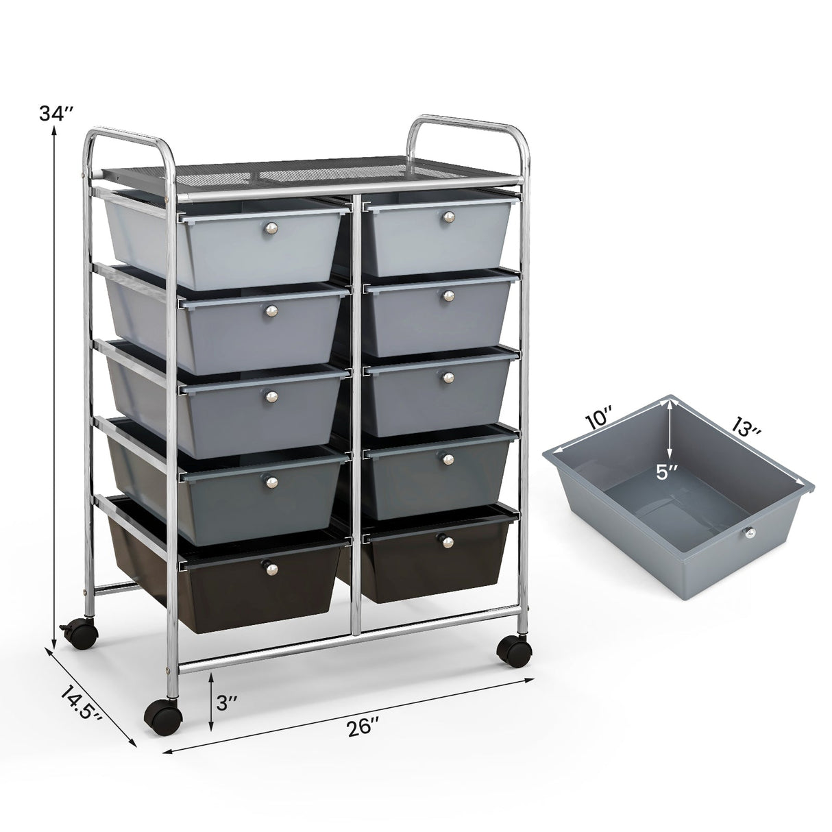 10-Drawer Rolling Storage Cart-Gray by DirectDeals