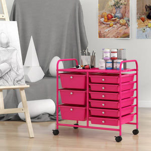 9-Drawer Rolling Storage Cart with Colorful Drawers and Metal Frame-Light Pink