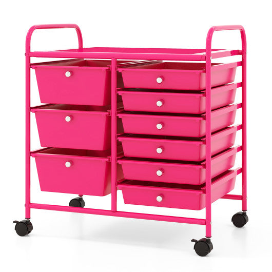 9-Drawer Rolling Storage Cart with Colorful Drawers and Metal Frame-Light Pink
