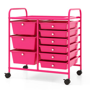 9-Drawer Rolling Storage Cart with Colorful Drawers and Metal Frame-Light Pink