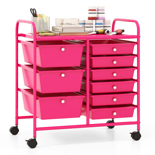 9-Drawer Rolling Storage Cart with Colorful Drawers and Metal Frame-Light Pink