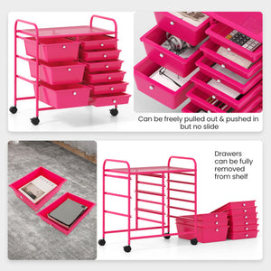 9-Drawer Rolling Storage Cart with Colorful Drawers and Metal Frame-Light Pink