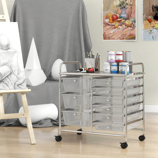 9-Drawer Rolling Storage Cart with Colorful Drawers and Metal Frame-Transparent