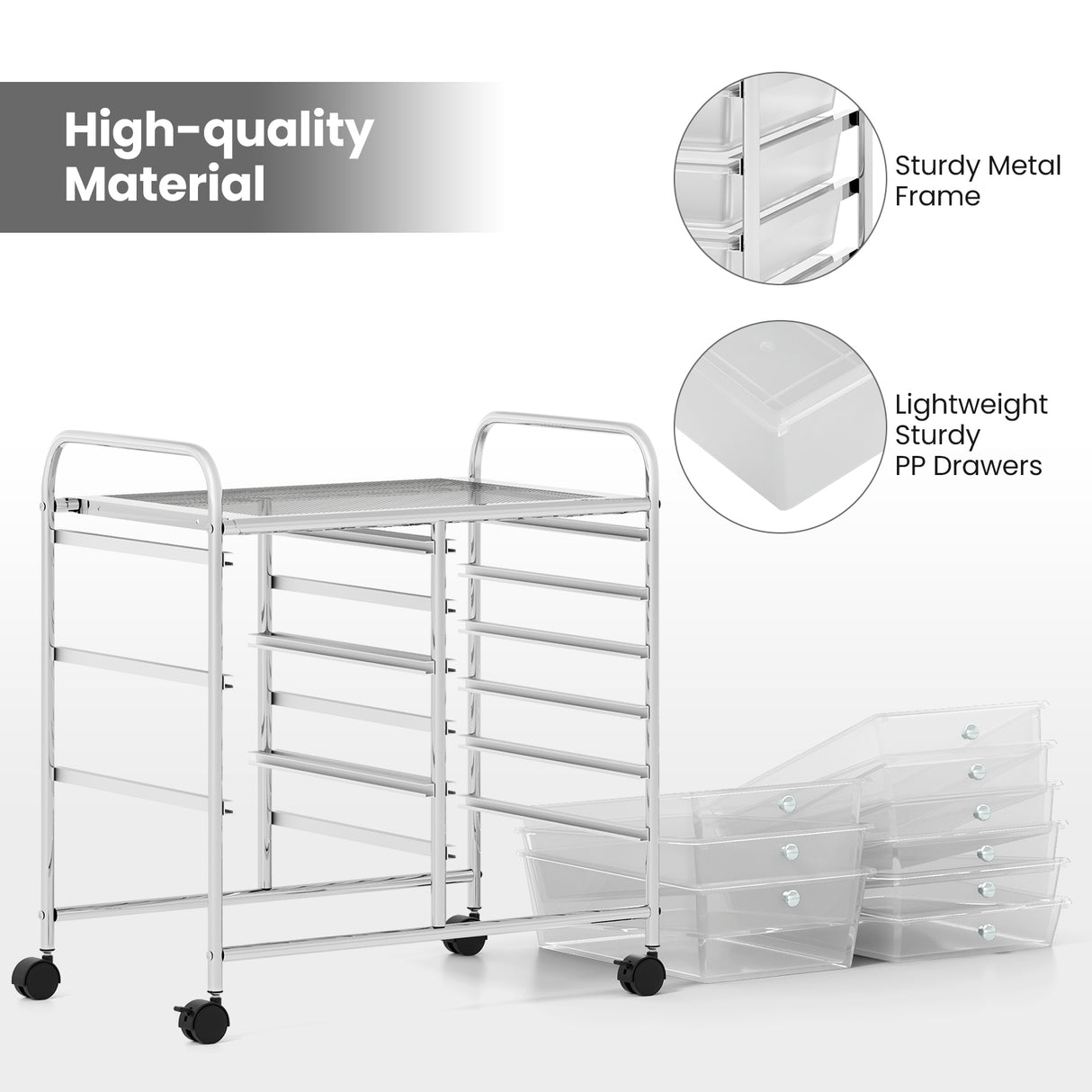 9-Drawer Rolling Storage Cart with Colorful Drawers and Metal Frame-Transparent