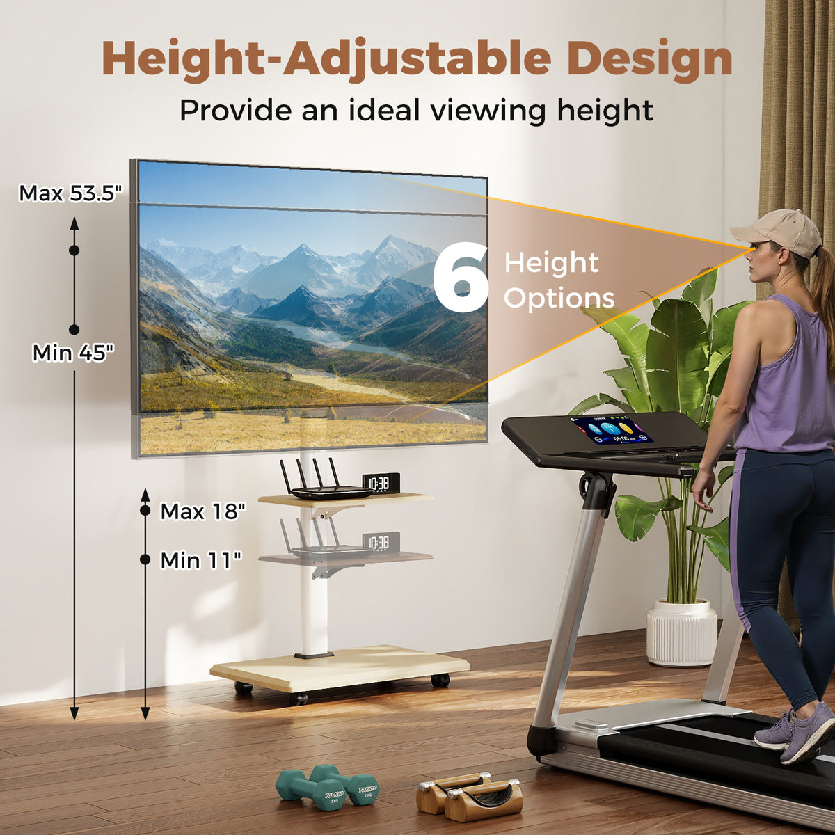 Rolling TV Stand on Wheels Mobile TV Cart for 32-75 Inch TVs Portable AV Cart-Natural