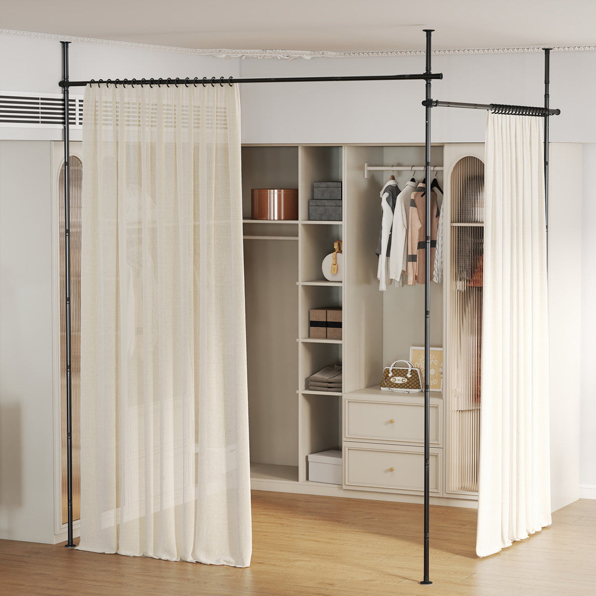 Room Divider Curtain Rod with Adjustable Floor to Ceiling Tension Rod (Curtains Not Included)-Black