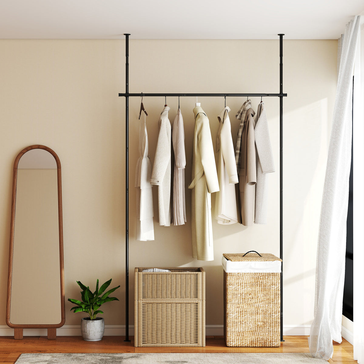 Room Divider Curtain Rod with Adjustable Floor to Ceiling Tension Rod No Drilling Required-Black