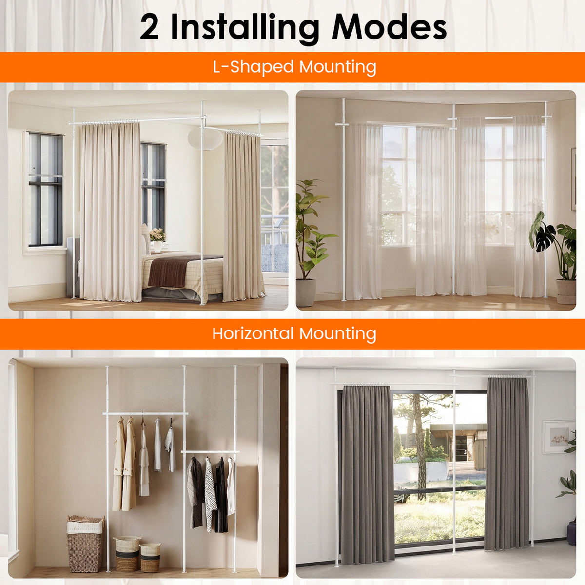 Room Divider Curtain Rod with Adjustable Floor to Ceiling Tension Rod (Curtains Not Included)-White