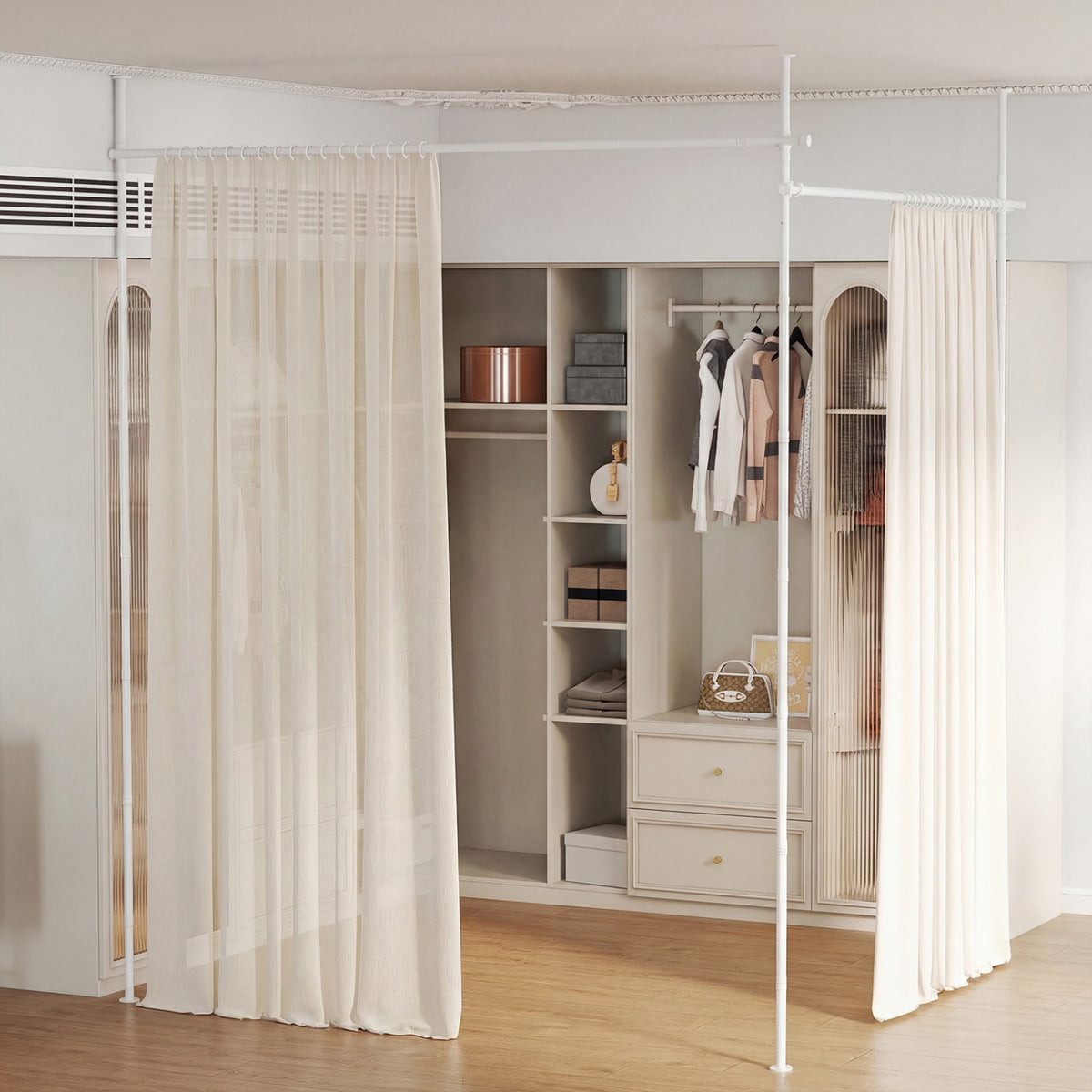 Room Divider Curtain Rod with Adjustable Floor to Ceiling Tension Rod (Curtains Not Included)-White