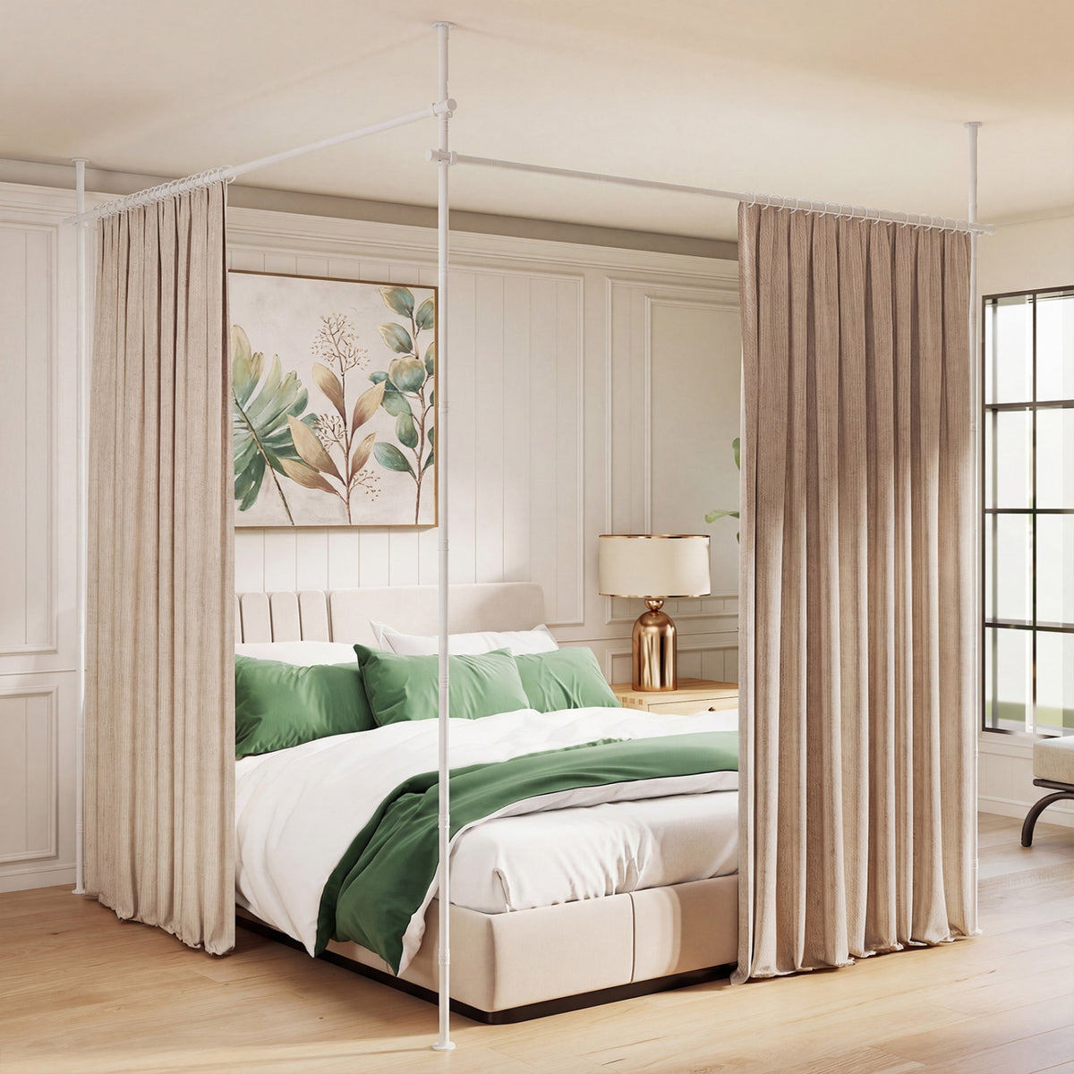 Room Divider Curtain Rod with Adjustable Floor to Ceiling Tension Rod (Curtains Not Included)-White