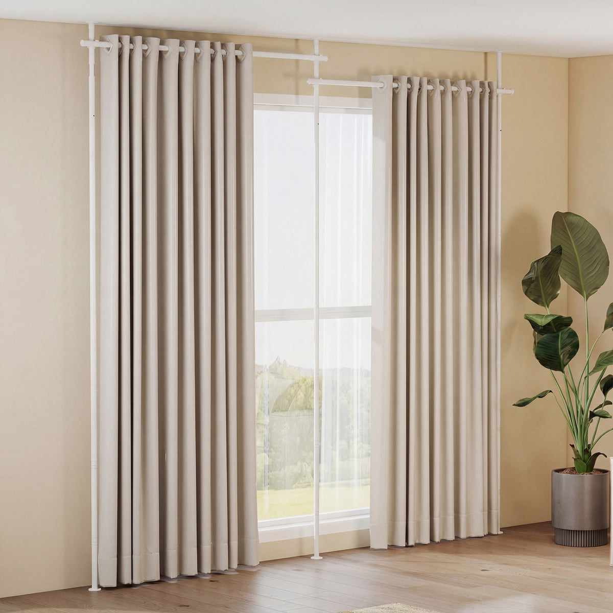 Room Divider Curtain Rod with Adjustable Floor to Ceiling Tension Rod (Curtains Not Included)-White