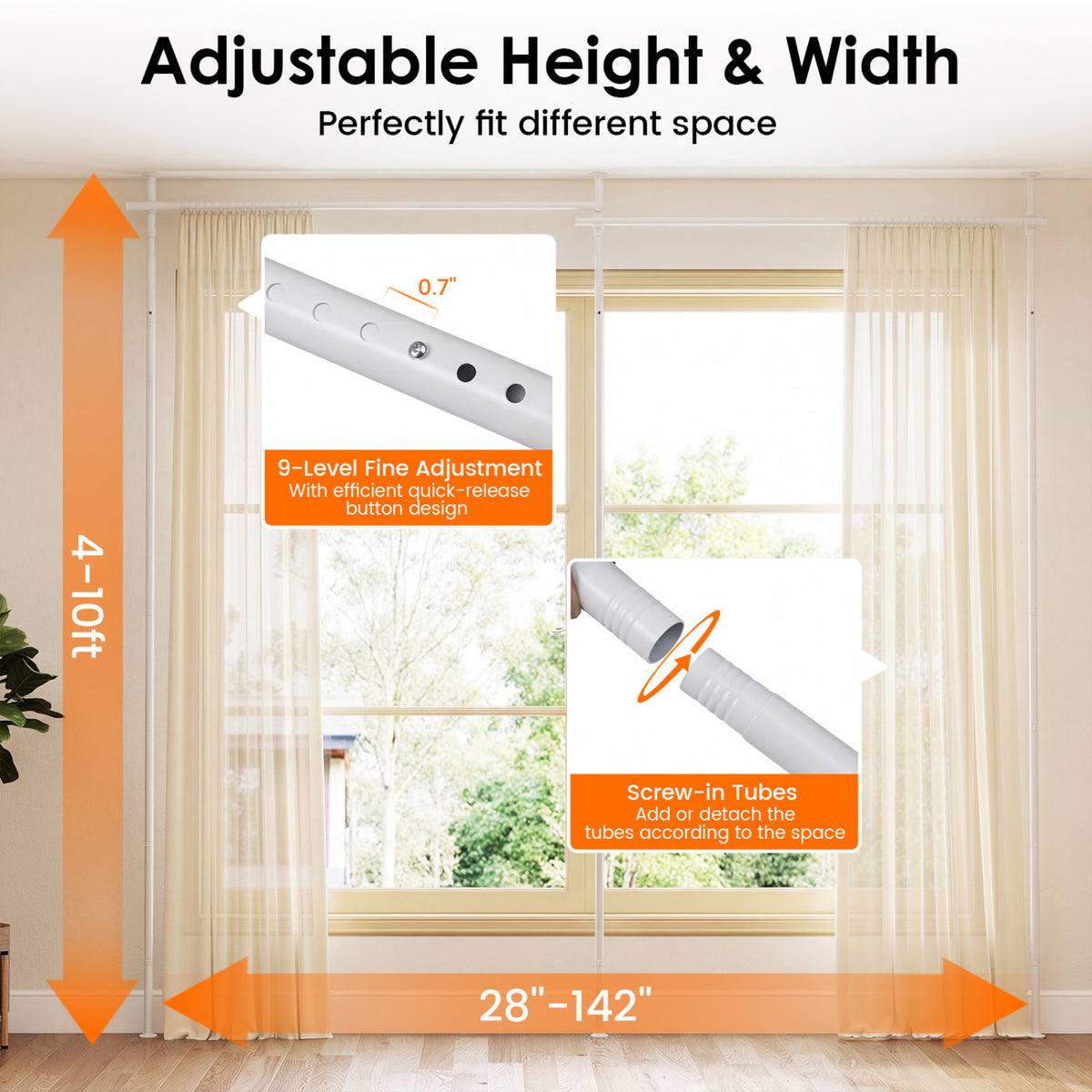 Room Divider Curtain Rod with Adjustable Floor to Ceiling Tension Rod (Curtains Not Included)-White