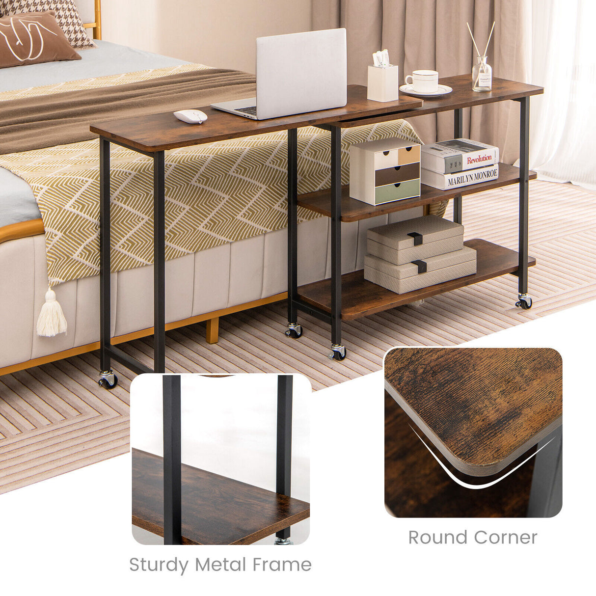 Patented 360 ° Rotating Sofa Side Table with 2-Tier Storage Shelves-Rustic Brown