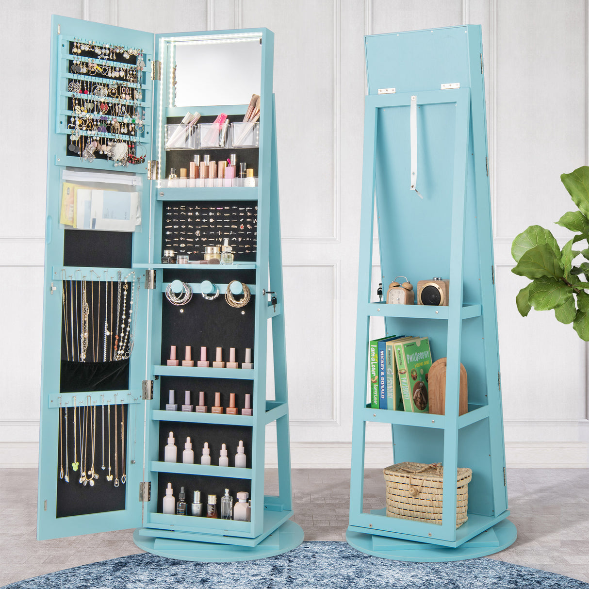 360 ° Rotating Mirrored Jewelry Cabinet Armoire 3 Color LED Modes Lockable-Blue