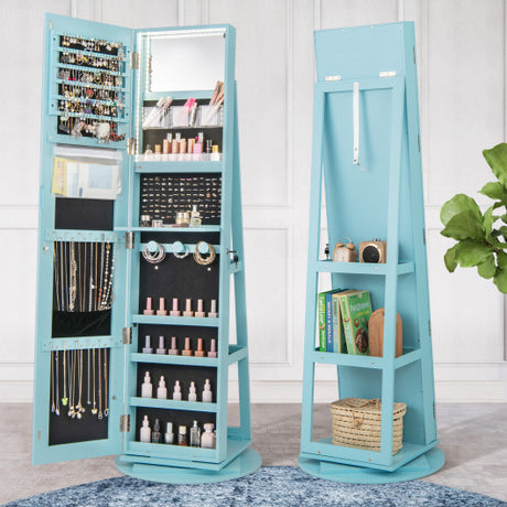 360 ° Rotating Mirrored Jewelry Cabinet Armoire 3 Color LED Modes Lockable-Blue