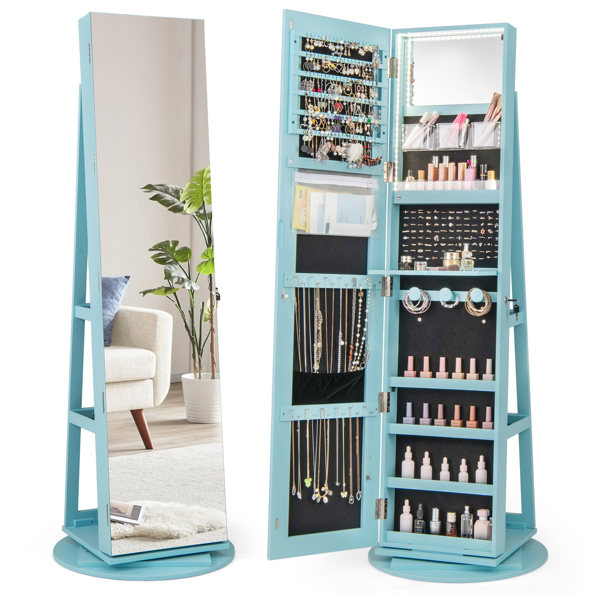 360 ° Rotating Mirrored Jewelry Cabinet Armoire 3 Color LED Modes Lockable-Blue