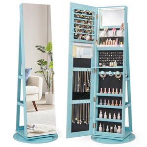 360 ° Rotating Mirrored Jewelry Cabinet Armoire 3 Color LED Modes Lockable-Blue