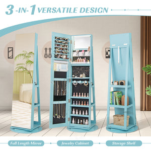 360 ° Rotating Mirrored Jewelry Cabinet Armoire 3 Color LED Modes Lockable-Blue