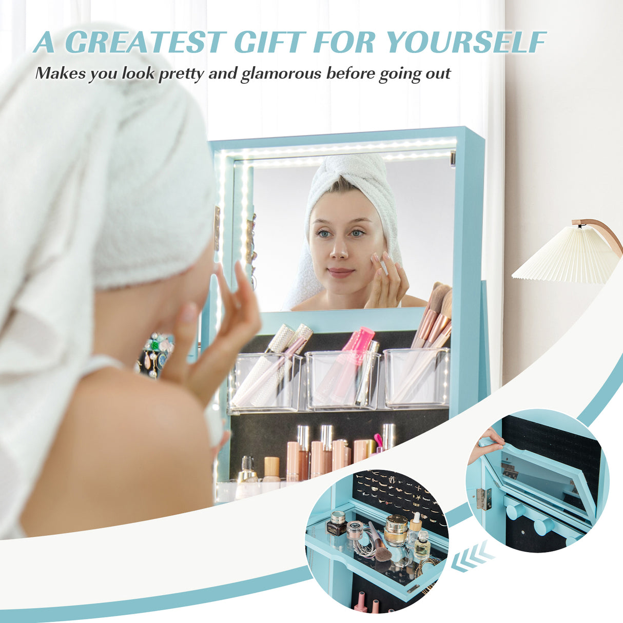 360 ° Rotating Mirrored Jewelry Cabinet Armoire 3 Color LED Modes Lockable-Blue
