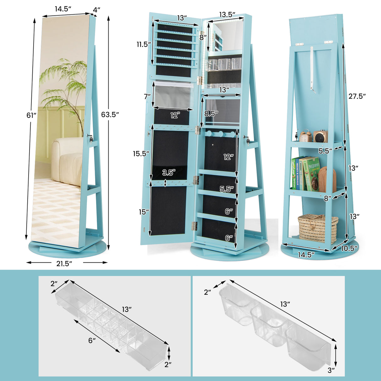 360 ° Rotating Mirrored Jewelry Cabinet Armoire 3 Color LED Modes Lockable-Blue