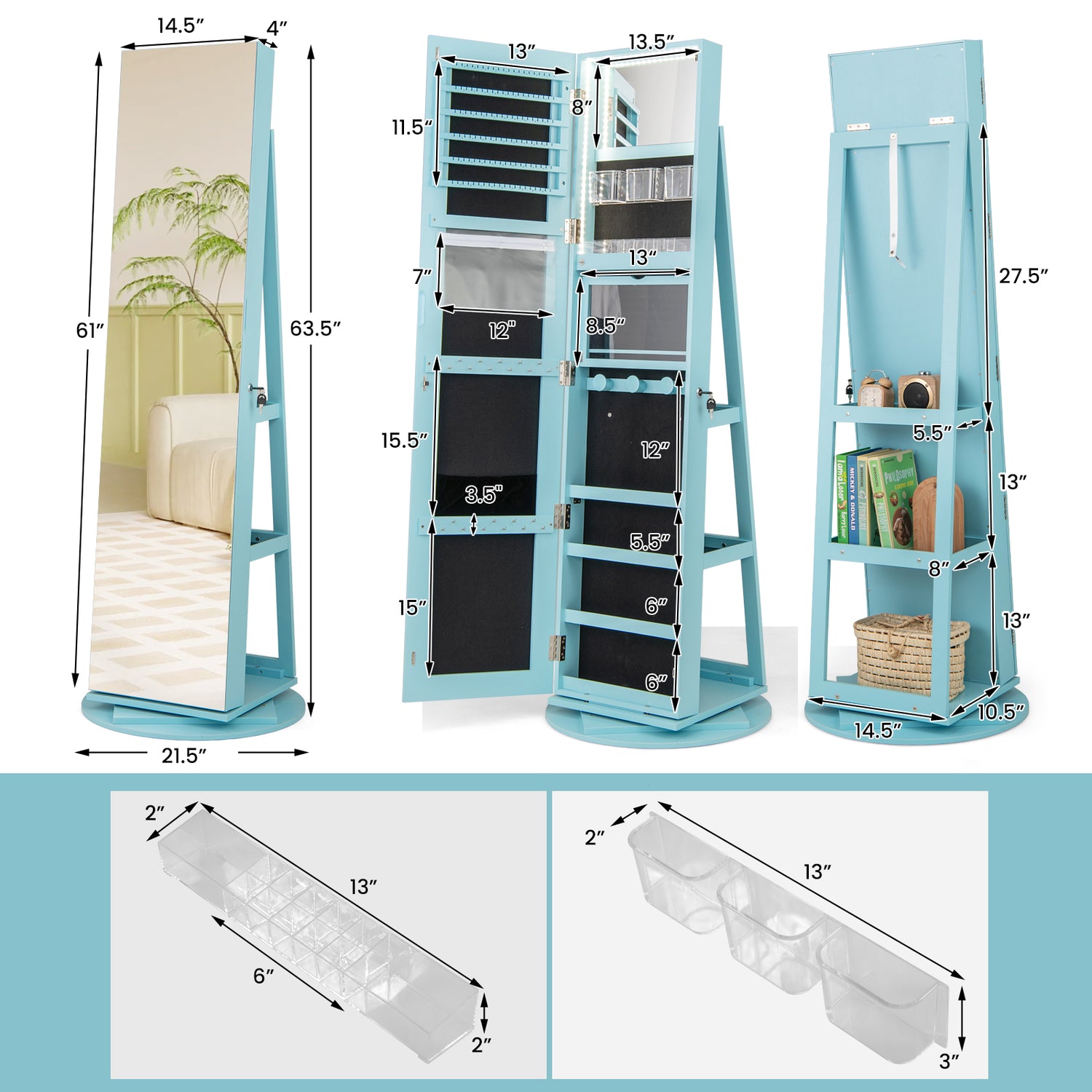 360 ° Rotating Mirrored Jewelry Cabinet Armoire 3 Color LED Modes Lockable-Blue