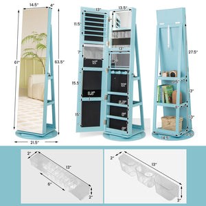 360 ° Rotating Mirrored Jewelry Cabinet Armoire 3 Color LED Modes Lockable-Blue