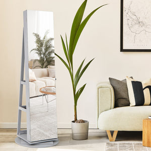 360 ° Rotating Mirrored Jewelry Cabinet Armoire 3 Color LED Modes Lockable-Gray