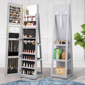 360 ° Rotating Mirrored Jewelry Cabinet Armoire 3 Color LED Modes Lockable-Gray