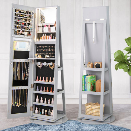 360 ° Rotating Mirrored Jewelry Cabinet Armoire 3 Color LED Modes Lockable-Gray