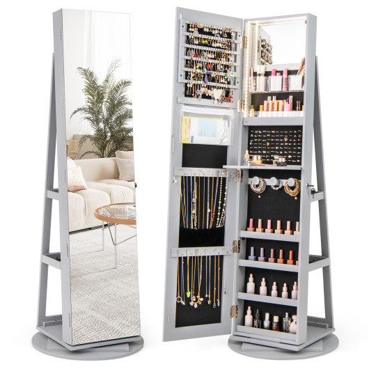360 ° Rotating Mirrored Jewelry Cabinet Armoire 3 Color LED Modes Lockable-Gray