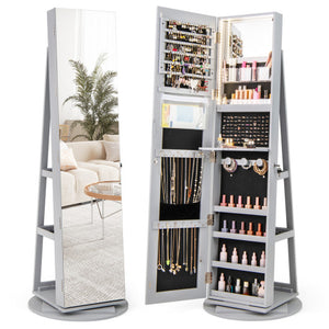 360 ° Rotating Mirrored Jewelry Cabinet Armoire 3 Color LED Modes Lockable-Gray