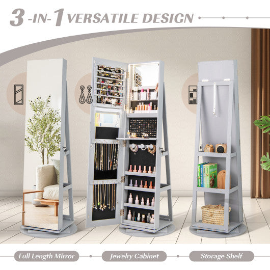 360 ° Rotating Mirrored Jewelry Cabinet Armoire 3 Color LED Modes Lockable-Gray