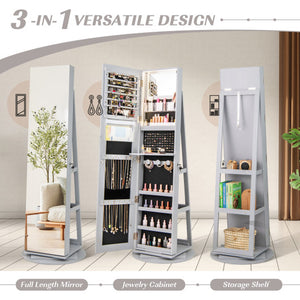 360 ° Rotating Mirrored Jewelry Cabinet Armoire 3 Color LED Modes Lockable-Gray