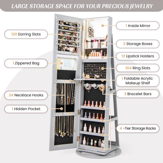 360 ° Rotating Mirrored Jewelry Cabinet Armoire 3 Color LED Modes Lockable-Gray