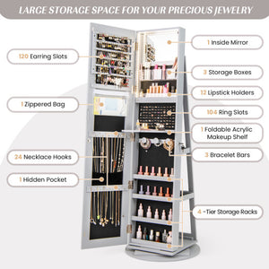 360 ° Rotating Mirrored Jewelry Cabinet Armoire 3 Color LED Modes Lockable-Gray