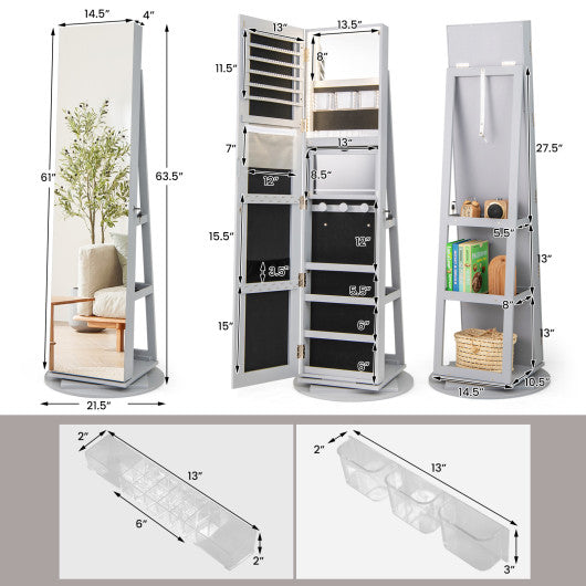 360 ° Rotating Mirrored Jewelry Cabinet Armoire 3 Color LED Modes Lockable-Gray