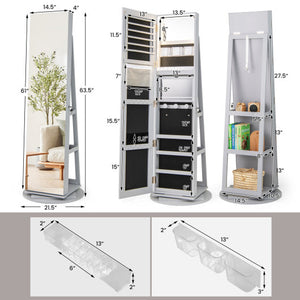 360 ° Rotating Mirrored Jewelry Cabinet Armoire 3 Color LED Modes Lockable-Gray
