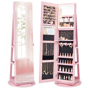 360 ° Rotating Mirrored Jewelry Cabinet Armoire 3 Color LED Modes Lockable-Pink