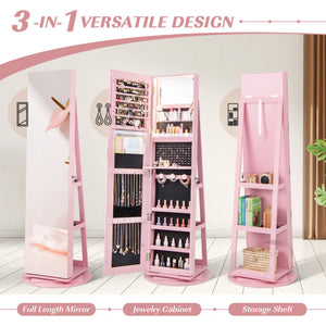 360 ° Rotating Mirrored Jewelry Cabinet Armoire 3 Color LED Modes Lockable-Pink