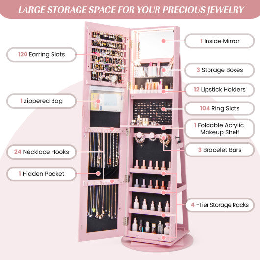 360 ° Rotating Mirrored Jewelry Cabinet Armoire 3 Color LED Modes Lockable-Pink