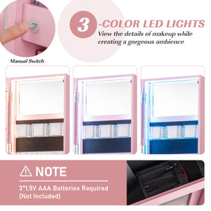 360 ° Rotating Mirrored Jewelry Cabinet Armoire 3 Color LED Modes Lockable-Pink