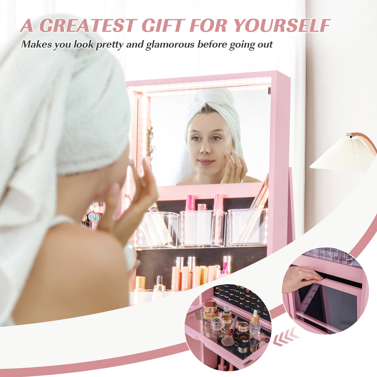 360 ° Rotating Mirrored Jewelry Cabinet Armoire 3 Color LED Modes Lockable-Pink