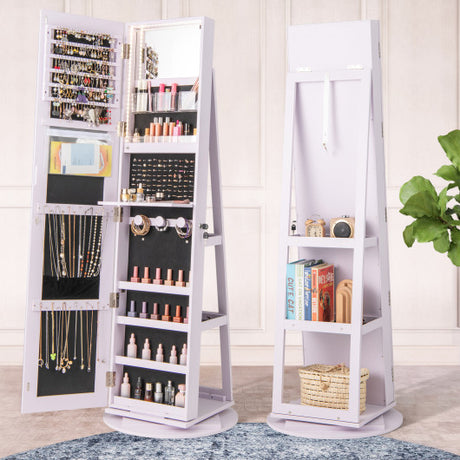 360 ° Rotating Mirrored Jewelry Cabinet Armoire 3 Color LED Modes Lockable-Purple