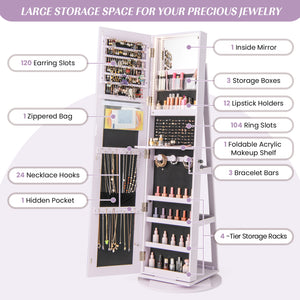 360 ° Rotating Mirrored Jewelry Cabinet Armoire 3 Color LED Modes Lockable-Purple