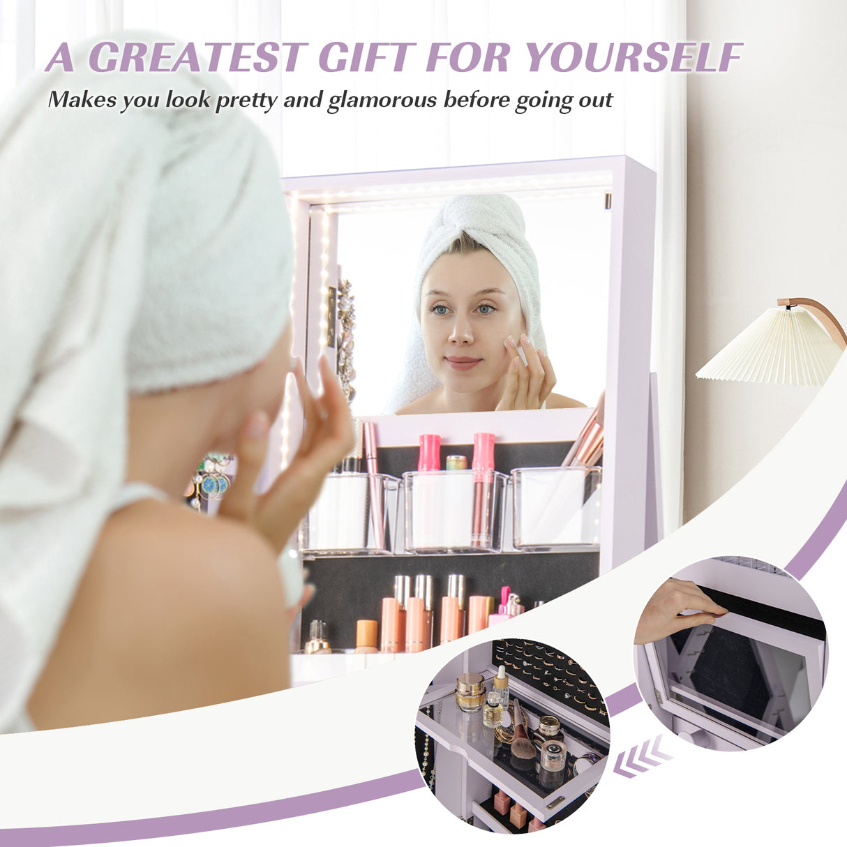 360 ° Rotating Mirrored Jewelry Cabinet Armoire 3 Color LED Modes Lockable-Purple