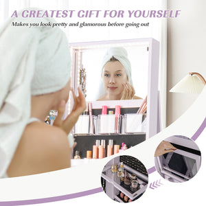 360 ° Rotating Mirrored Jewelry Cabinet Armoire 3 Color LED Modes Lockable-Purple
